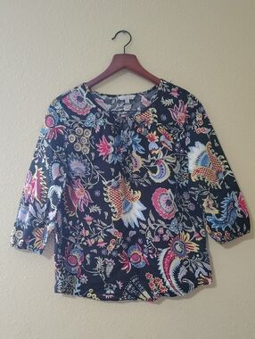 Hester & Orchard Linen Cotton 3/4 Sleeves Floral Relaxed Top Size M Bohemian
